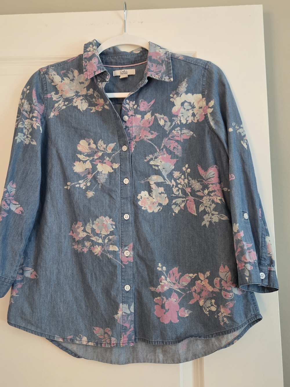 croft & barrow Light Blue Floral Denim Shirt with Pink Trim